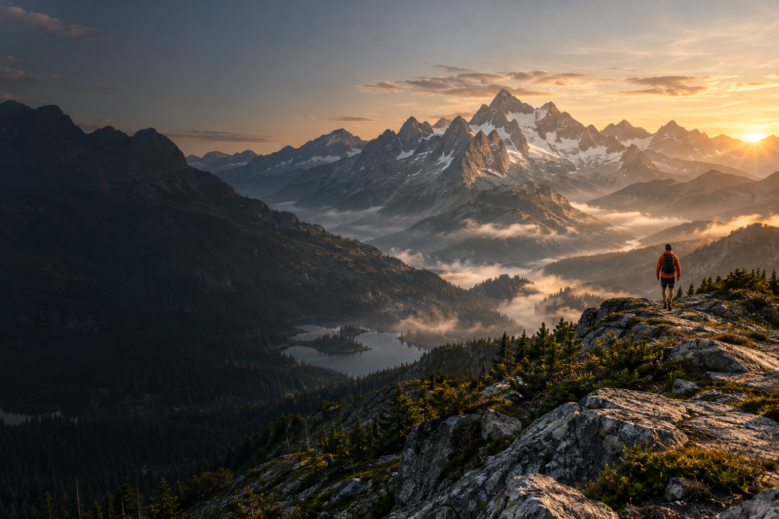 A lone outdoor adventurer on a broad mountain ridge, with layered peaks in the distance.